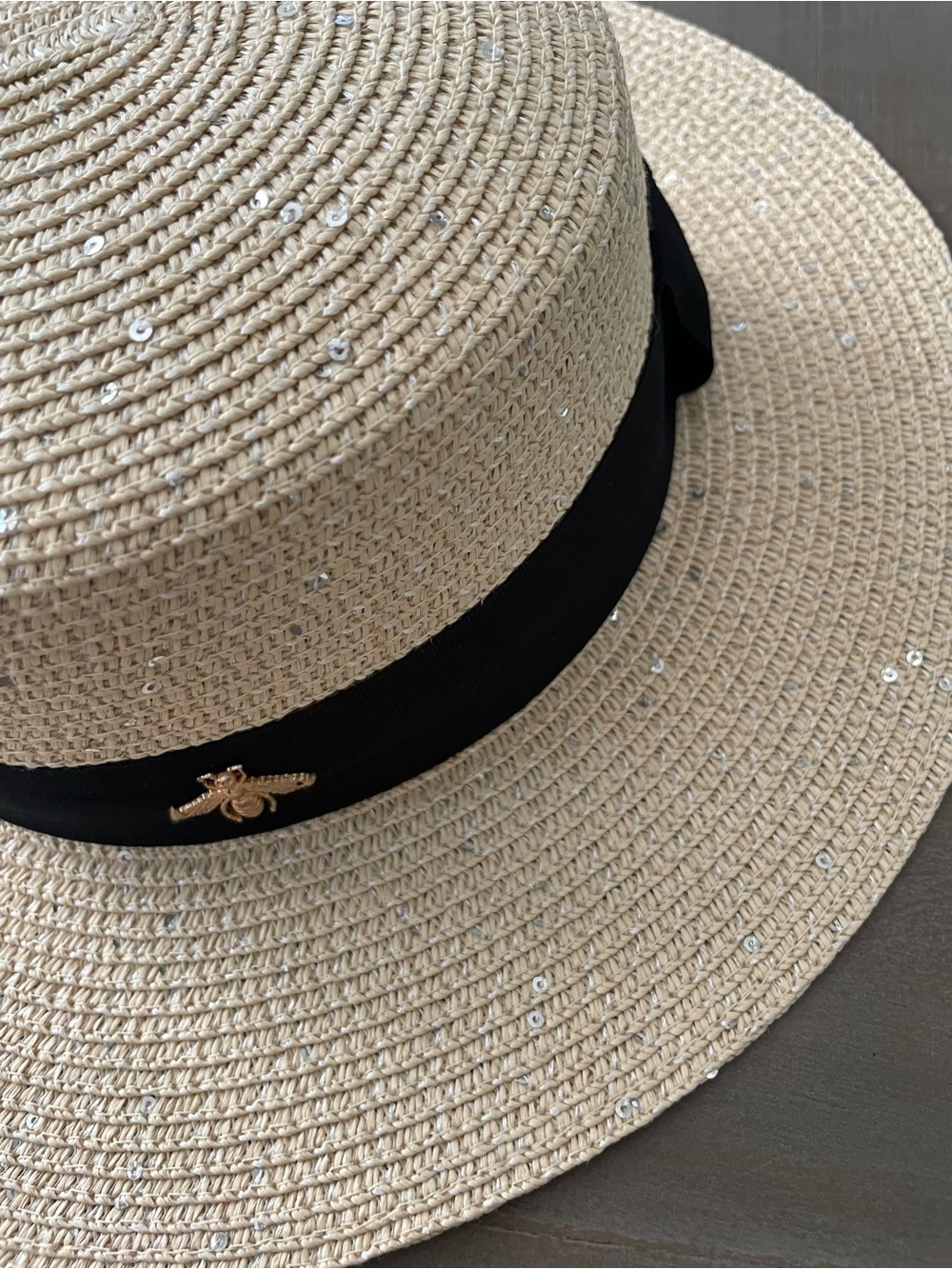 Straw Bee Hat with Black Band and Gold Bee Pin silver sequin sequins gg - Picture 3 of 10